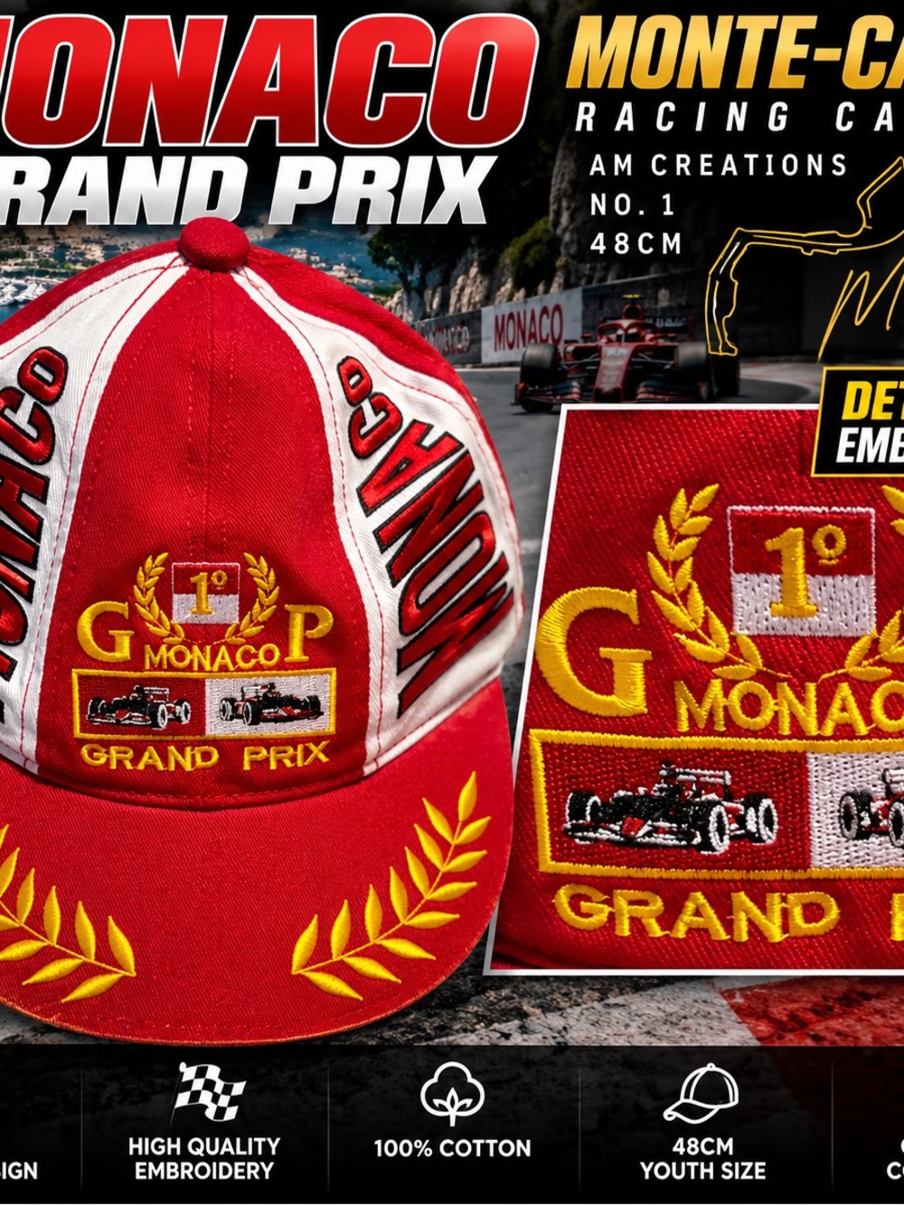 Monaco Grand Prix Monte Carlo Racing Hat Cap No 1 AM Creations 48CM Red
